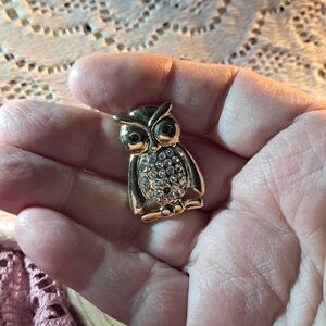 Sparkly Clear Rhinestone Owl Brooch w/ Green Eyes